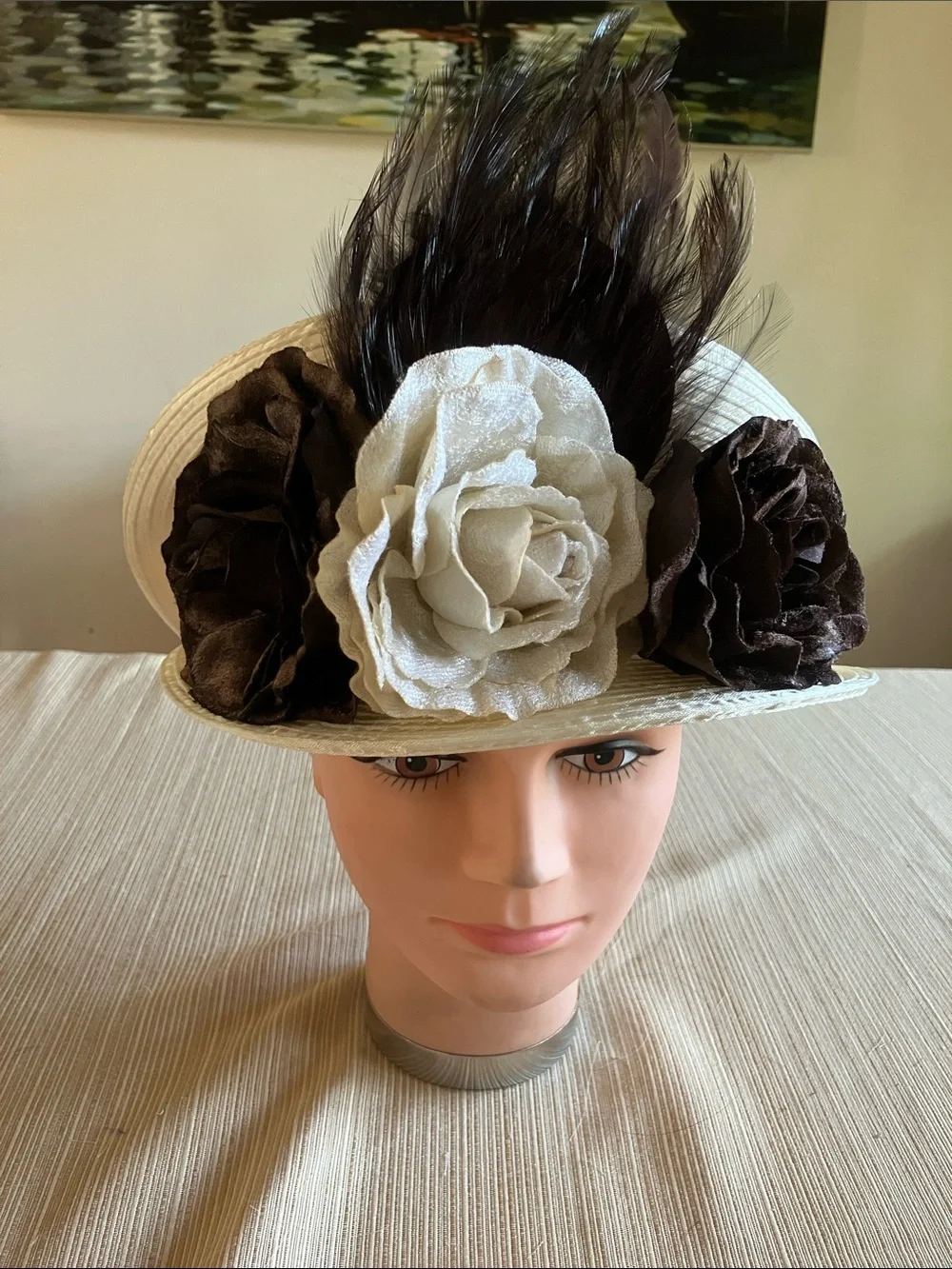 Women’s Cream and Brown Floral Dress Hat with Feather Accent